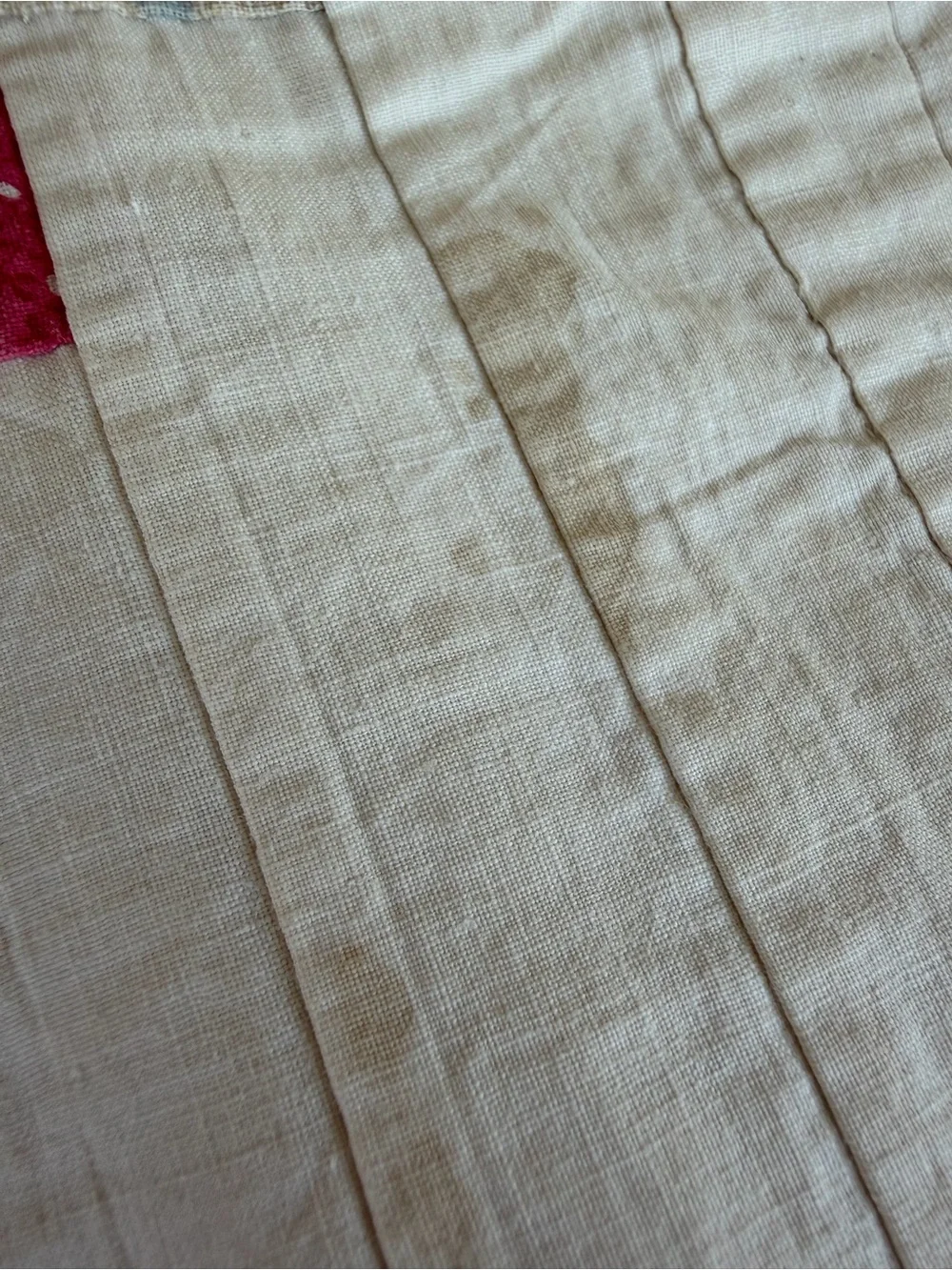Vintage Courthouse Steps Log Cabin Quilt Hand Sewn Thin Red Green 41x64 FLAWS